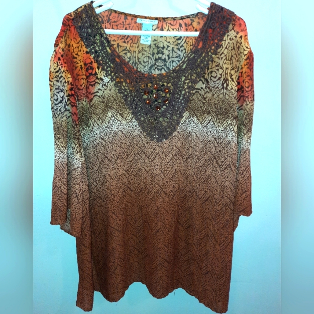 Catherine’s Women’s Abstract, beaded flowy Sleeved V-Neck Top 1X EUC